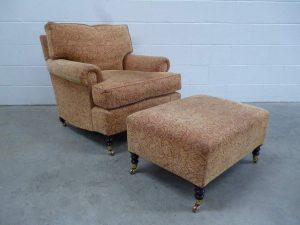 Pristine George Smith "Standard-Arm" Armchair & Run-Up in Gold Damask Velvet