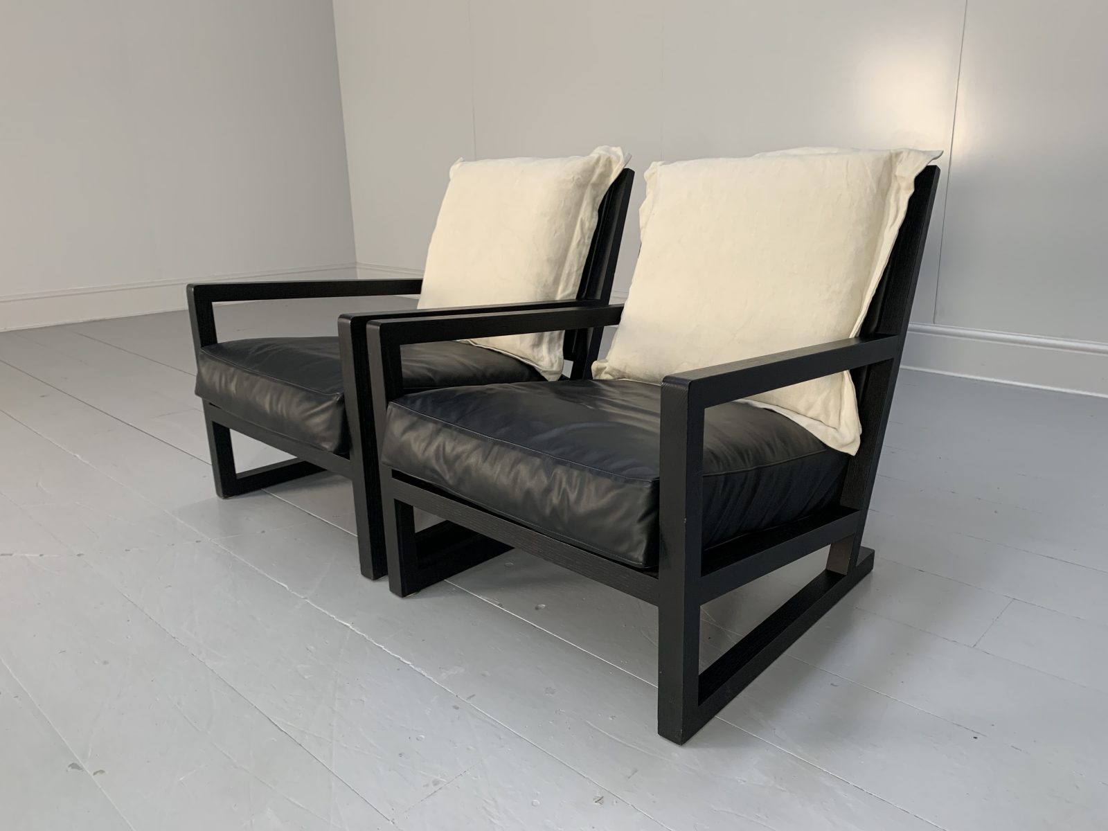 Pair Of B&B Italia "Maxalto Clio" Armchairs - In Black Leather & Linen ...